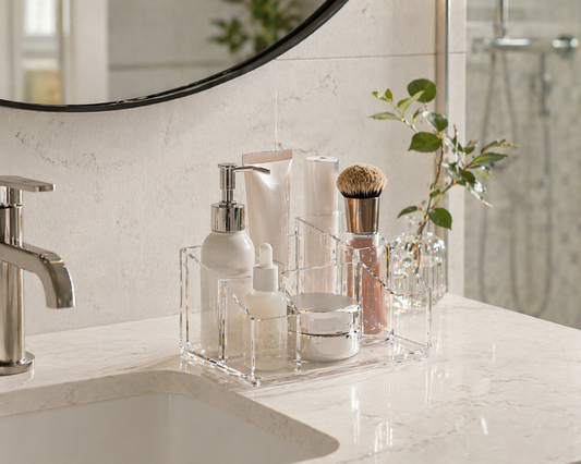 Clear acrylic vanity organizer with 2–4 items arranged in a defined zone to maintain control in limited space.
