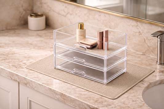 Protective mat placed under a clear acrylic bathroom organizer on a vanity counter.