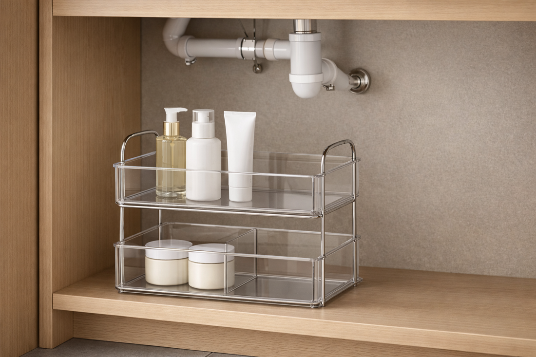 Under-sink organizer with separated sections for backup skincare items, maintaining clear spacing and controlled storage.