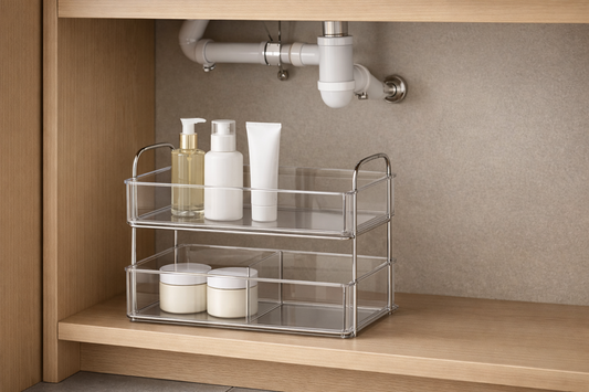 Under-sink organizer with separated sections for backup skincare items, maintaining clear spacing and controlled storage.