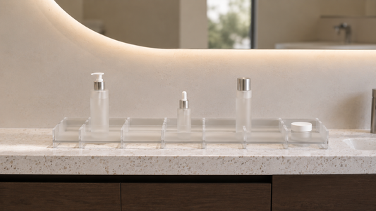 Bathroom vanity organizer with evenly spaced skincare products and stable placement.