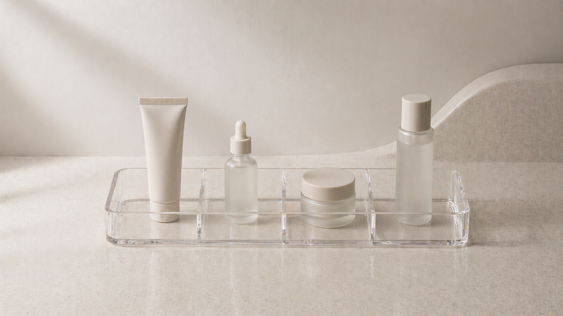 Vanity layout with evenly spaced products maintaining stable positioning.  판단