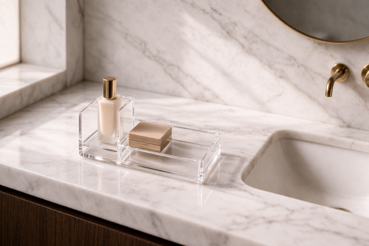 Vanity storage ideas for faster mornings featuring a minimalist frosted tray for skincare essentials