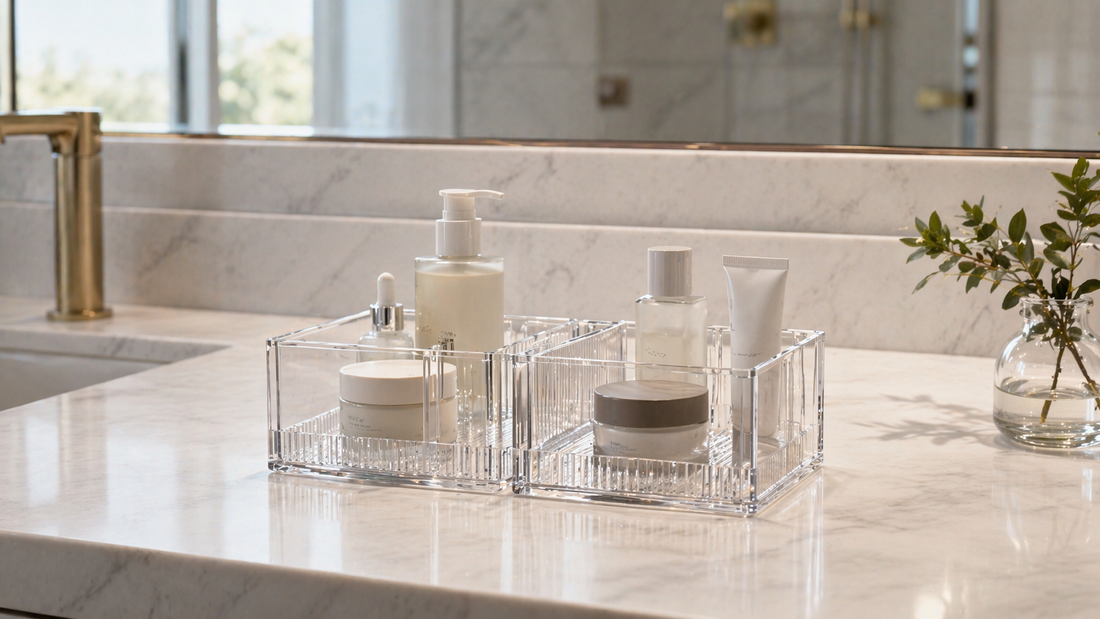Acrylic bathroom organizers separating daily items on a shared vanity counter.
