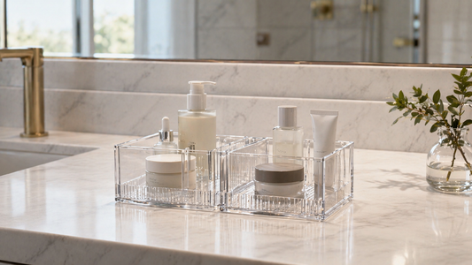 Acrylic bathroom organizers separating daily items on a shared vanity counter.
