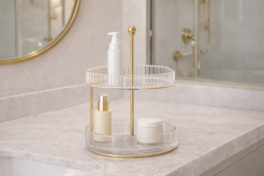 Structured vanity layout with clear spacing for consistent daily routines.