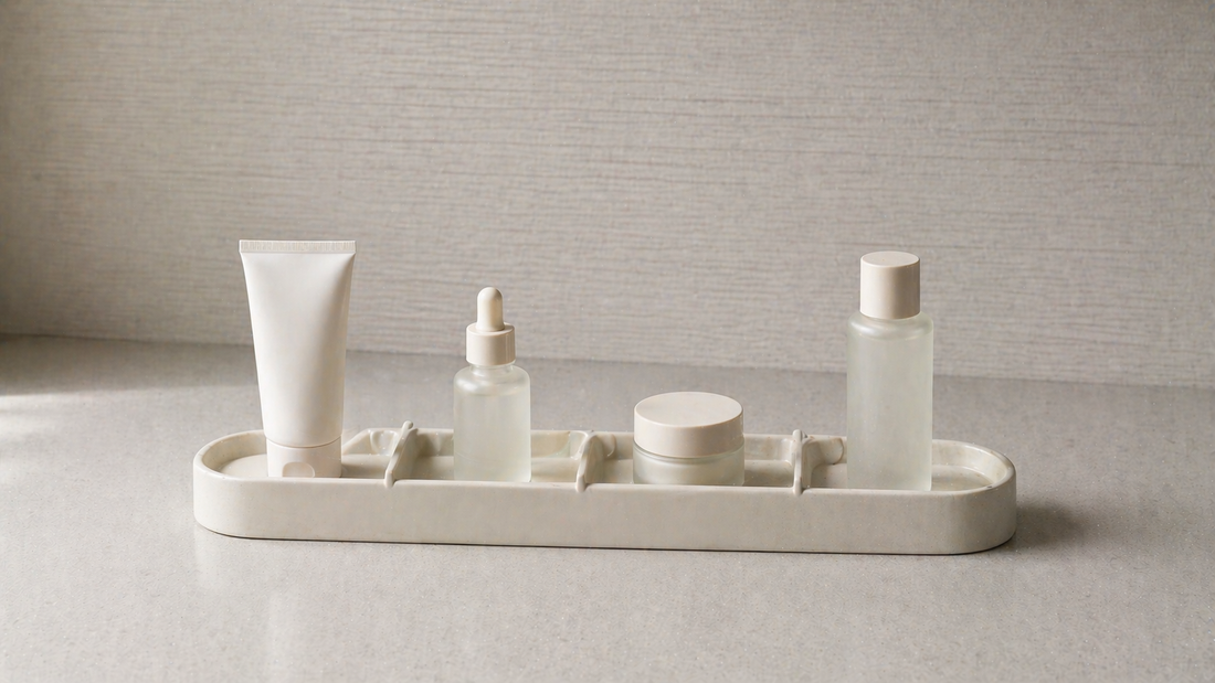 Vanity surface with structured zones and consistent item placement.