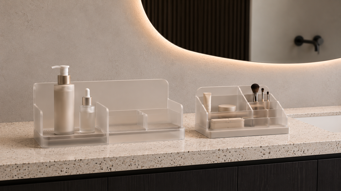 Bathroom vanity organizer comparing open skincare spacing with compact makeup storage.