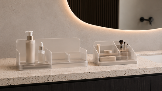 Bathroom vanity organizer comparing open skincare spacing with compact makeup storage.