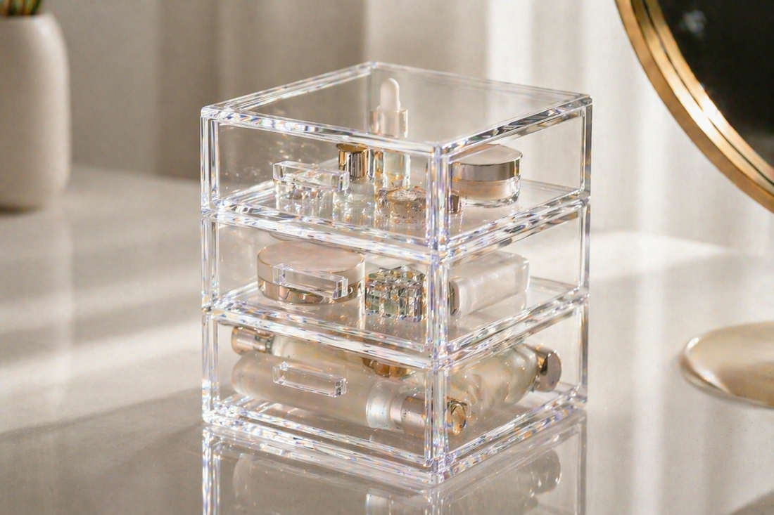 Stacked acrylic drawers maximizing vertical space with minimal surface usage.