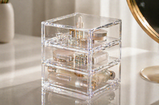 Stacked acrylic drawers maximizing vertical space with minimal surface usage.