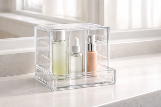 Clear acrylic drawer with 2–3 skincare bottles stored vertically with structured spacing for stability and easy access