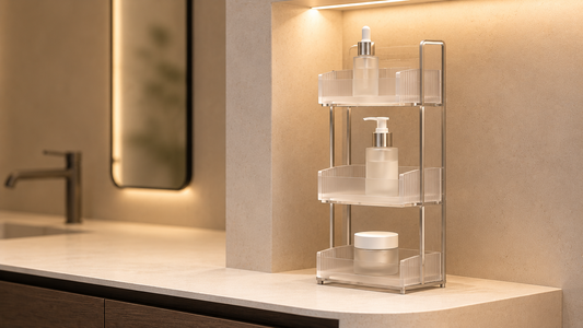 Compact bathroom vanity organizer with layered vertical skincare storage.
