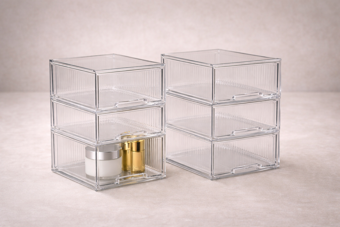 Transparent multi-layer drawers with minimal items and clear spacing for fast identification.