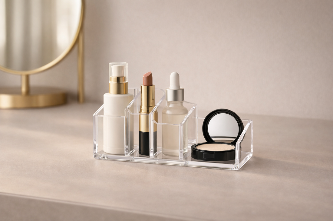 Why most organization systems fail featuring a clear acrylic makeup organizer with lipstick and skincare bottles on a vanity