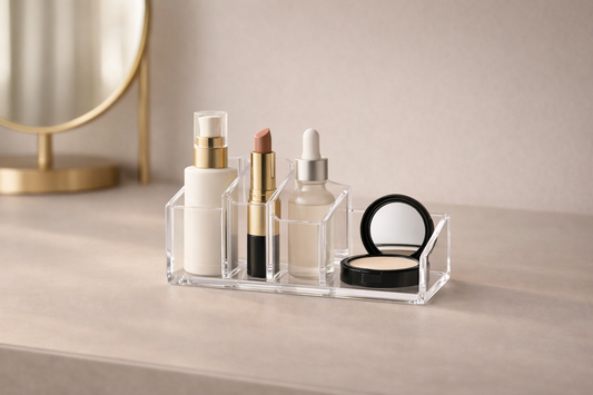 Why most organization systems fail featuring a clear acrylic makeup organizer with lipstick and skincare bottles on a vanity
