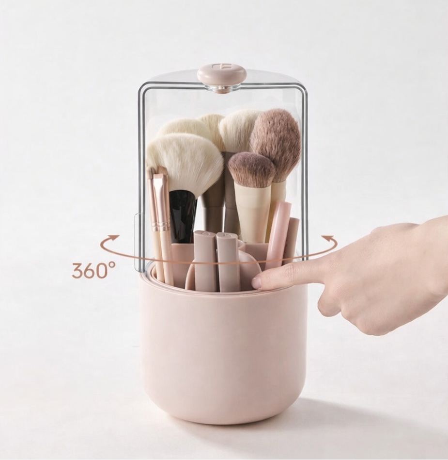 360° Rotating Makeup Brush Organizer with Dustproof Lid – Clear Storage Holder for Vanity