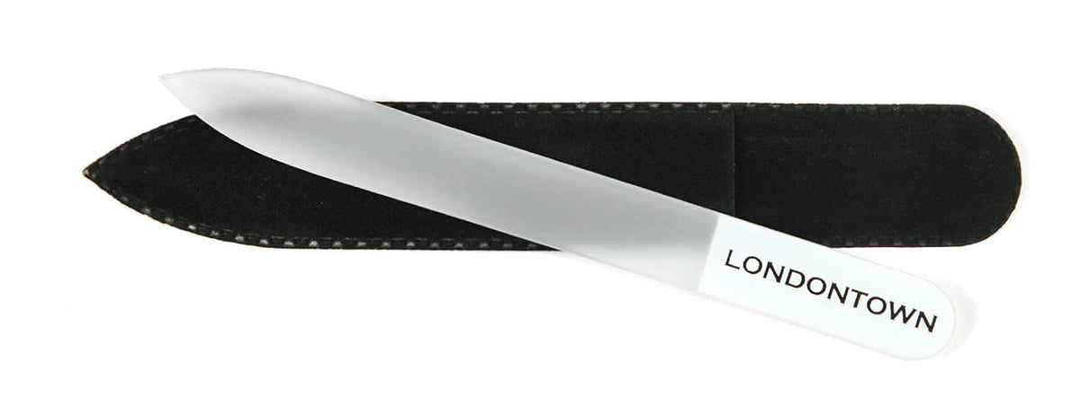 LONDONTOWN White Double-Sided Glass Nail File & Care Tool, Professional Grit Etched Crystal Manicure Accessory with Case Pouch