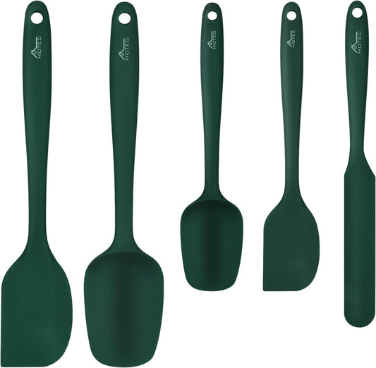 HOTEC 600℉ Heat Resistant BPA-Free Silicone Rubber Spatula Set,Kitchen Cooking Spatulas, Baking, Mixing for Non Stick Cookware, Dishwasher Safe, Dark Green Set of 5
