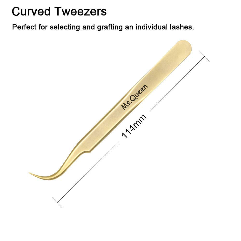 Ms.Queen Eyelash Extension Tweezers Set-Precision Tweezers for 2D-6D Volume&Individual False Lashes Extensions with PU Storage Case-Golden (Curved Tweezers/M003-4)