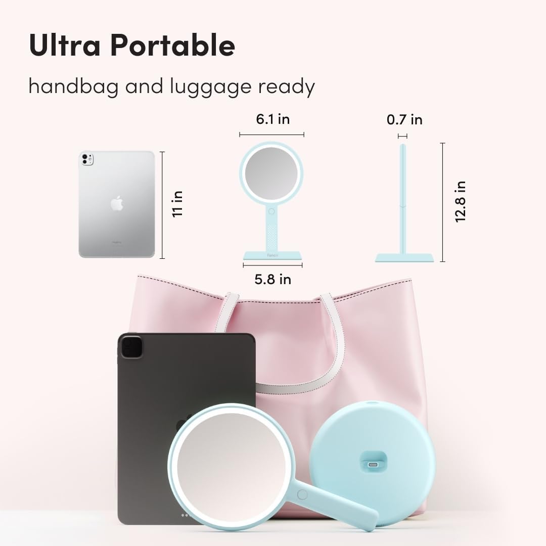 Fancii Cami Handheld Travel Makeup Mirror with Lights, Rechargeable, Extra Large, Double Sided 5X / 1X Magnifying Mirror - 3 Color Lighting, Handheld or Vanity (Blue Fluff)