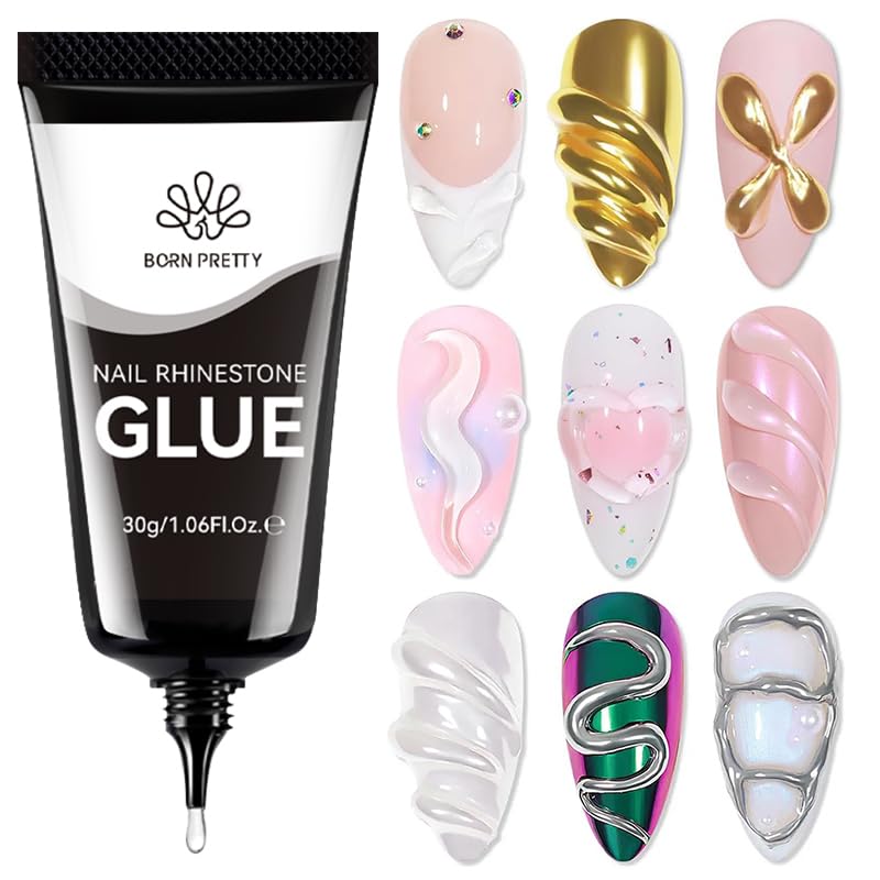 BORN PRETTY Nail Rhinestone Glue Gel for Nails Super Strong Gel Nail Glue for Nail Charm 3D Nails Gems Beads Nail Art Jewels Cured Need Nail Art DIY at Home 30ML