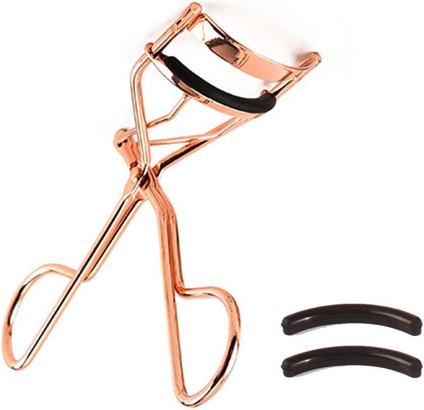 Professional Makeup Tool for Eyelashes with 2 Replacement Silicone Refill Pads Pinch Pain Free Metal Eyelash Curler 1PC, Golden Color