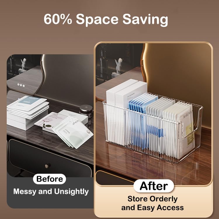 2 Pack Extra Thick Acrylic Makeup Organizer with Removable Dividers - Waterproof Bathroom Storage for Sheet Masks/Essences/Cosmetics, Clear Visible Design, Space-Saving Vanity Organizer