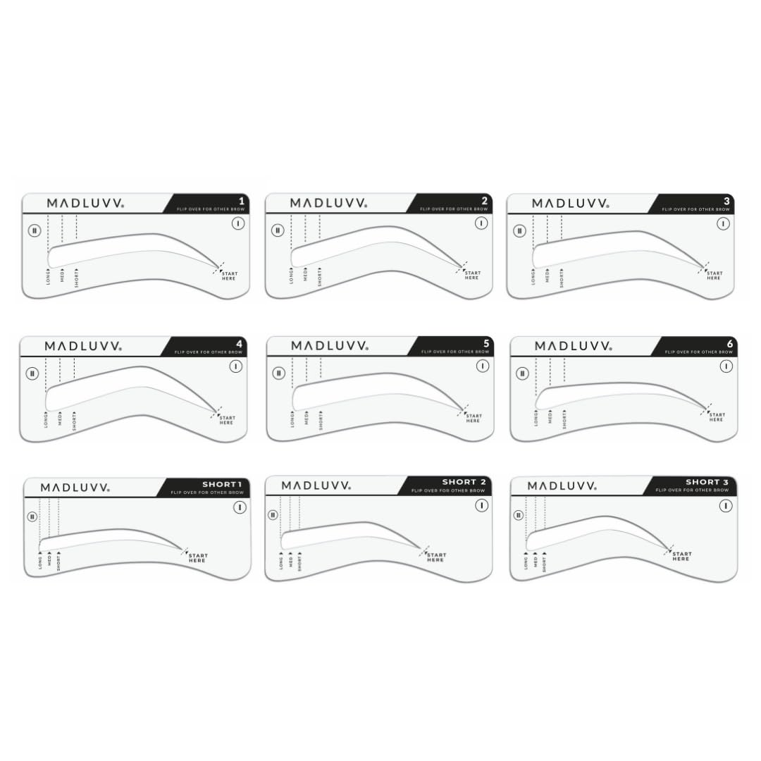 MADLUVV Brow Stamp Kit with Brow Stencils – Easy Eyebrow Shaper for Natural-Looking Brows – Popular Eyebrow Stencil Kit Used by Professionals – 9 Shapes, Spoolie, Travel Bag & Stamp (Nearly Black)