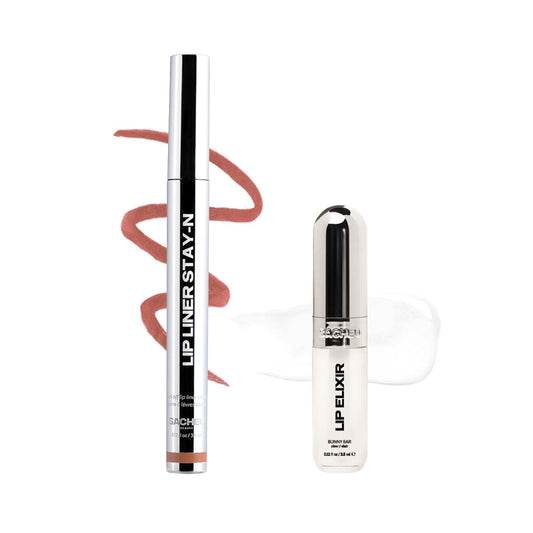 Sacheu Lip Liner Stay-N & Lip Elixir Bundle — Long Lasting Matte Lip Tattoo, Transfer Proof Lipstain Infused with Hyaluronic Acid & Vitamin E, for All Skin Types — P-inked and Clear