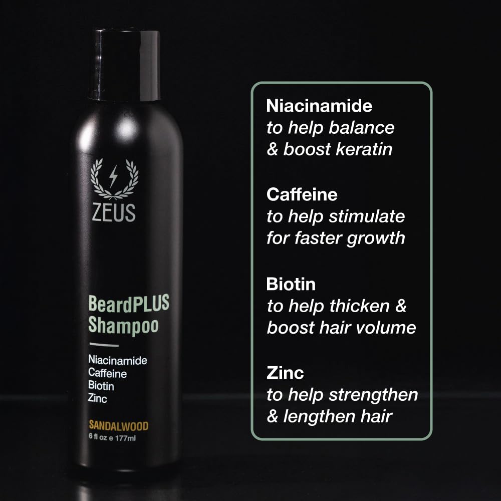 ZEUS BeardPLUS Shampoo for Men, Enhanced Beard Growth & Hair Care Treatment with Biotin & Caffeine to Boost Thickness, Strength, Hydration, and Skin Comfort (Made in USA) 6 oz.