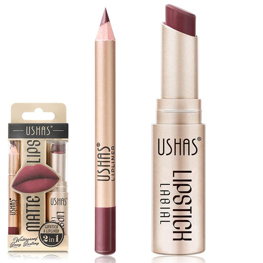 USHAS Lipstick and Lip Liner Combo Set 2 in 1 Waterproof Lipstick for Women Lip liner Set Long Lasting Lipstick, Matte Lipstick Pen with Lip Liner Set Makeup Kits (G1, Pack of 1)