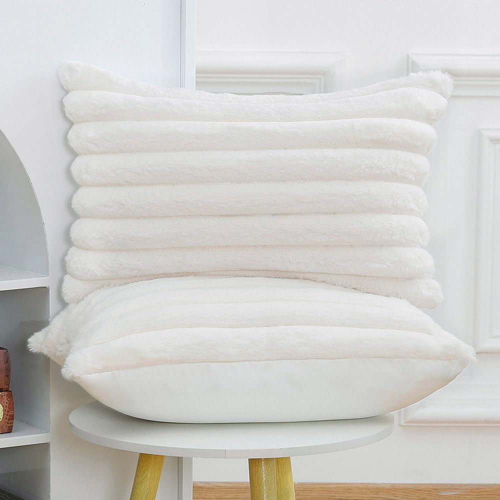 MADIZZ Set of 2 Faux Wool Plush Decorative Throw Pillow Covers 12x20 Inch Cream Fluffy Striped Soft Decorative Cushion Cover for Sofa Bedroom Pillow Shell