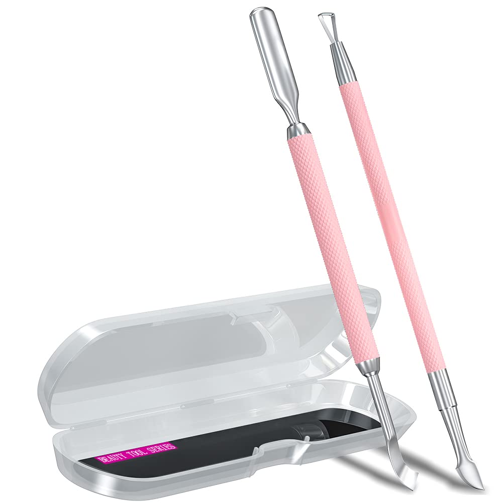 2PCS Metal Pink Cuticle Pusher and Scraper, Nail Trimmer Cutter Stainless Steel Gel Scraper Tool, Nail Polish Remover Peeler Durable Salon Manicure Pedicure Cleaner for Fingernail and Toenail