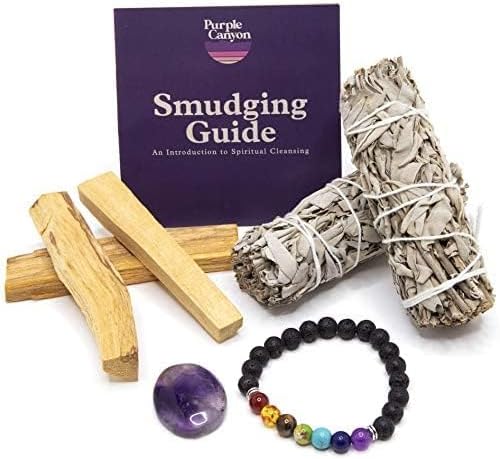 Palo Santo and Sage Smudge Kit | White Sage Smudge Sticks, Chakra Balancing Bracelet and Amethyst Stone | California Sage Incense Sticks for Home Cleansing, Spiritual Smudging Rituals and Meditation