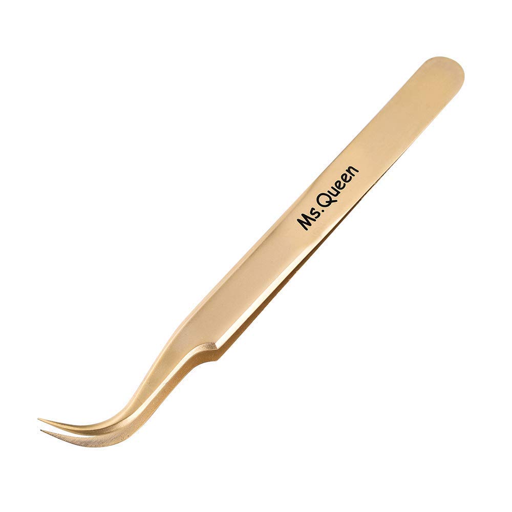 Ms.Queen Eyelash Extension Tweezers Set-Precision Tweezers for 2D-6D Volume&Individual False Lashes Extensions with PU Storage Case-Golden (Curved Tweezers/M003-4)