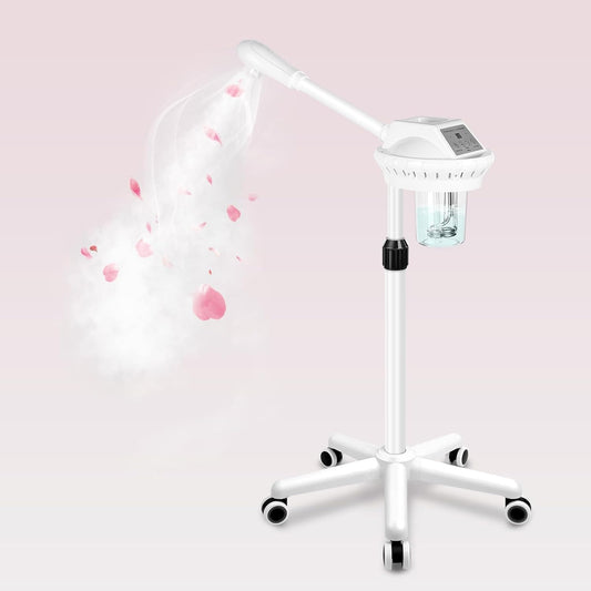 Professional Facial Steamer, Esthetician Steamer on Wheels, Stand Face Steamer for Facial Deep Cleaning and Hydration, Steamer for Facial for Personal Care or Beauty Spa or Salon, White