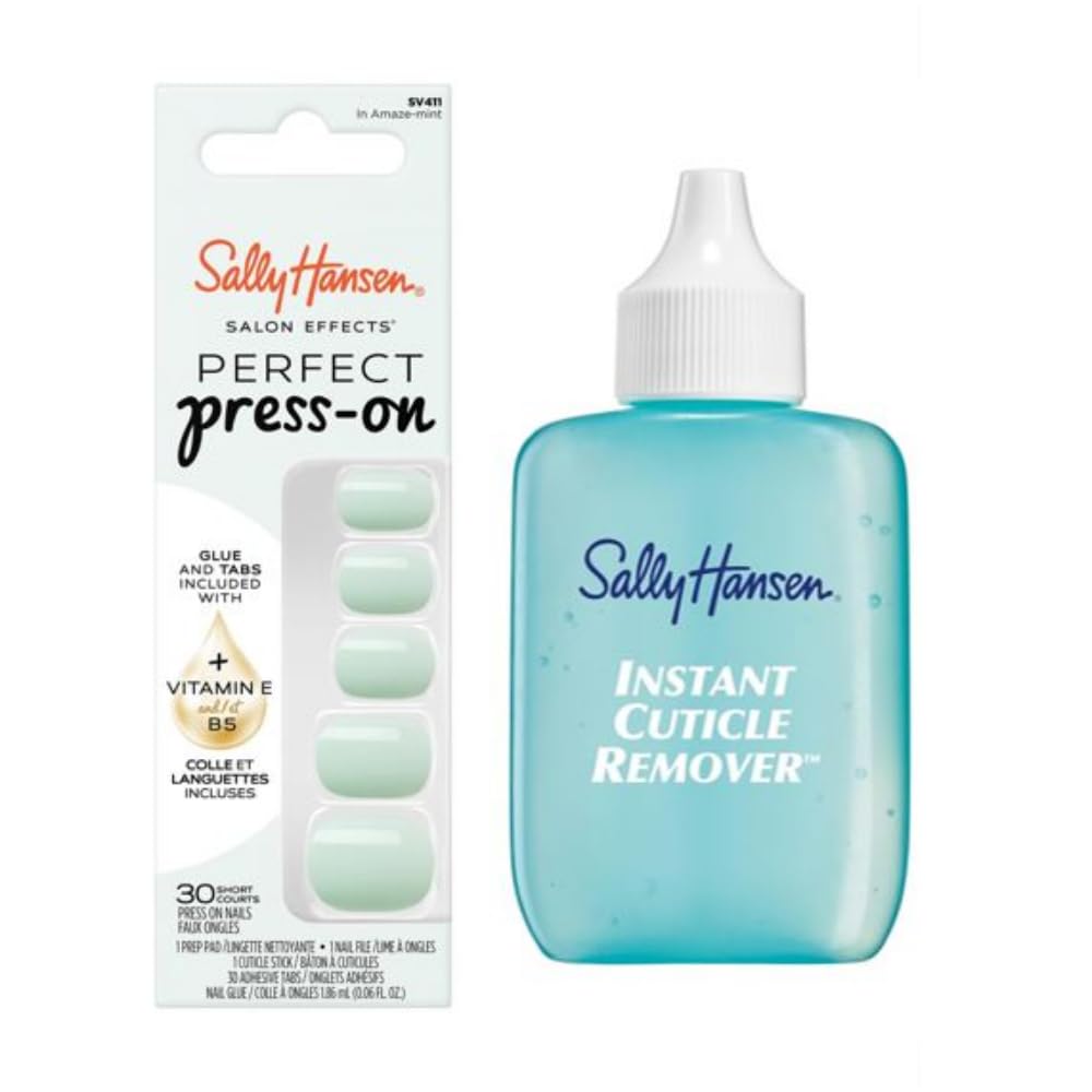 Sally Hansen Instant Cuticle Remover and Amaze-Mint Press On Nails Kit with Nail Glue and Adhesive Tabs