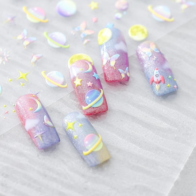 5D Embossed Galaxy Nail Art Stickers Self-Adhesive Nail Stickers for Nail Art Colorful Space Planet Nail Art Decals for Women Girls Kids Nail Supplies Accessories (1, Colorful Planet)