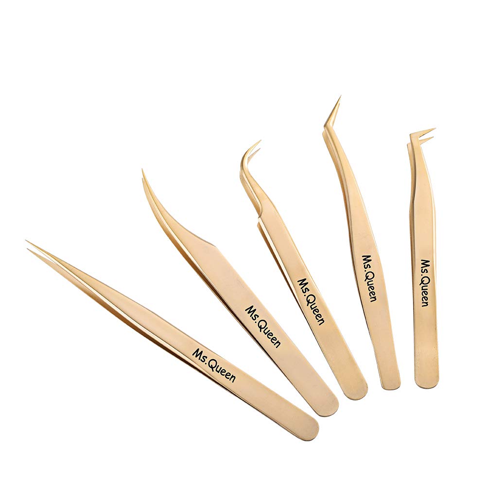 Ms.Queen Eyelash Extension Tweezers Set-Precision Tweezers for 2D-6D Volume&Individual False Lashes Extensions with PU Storage Case-Golden
