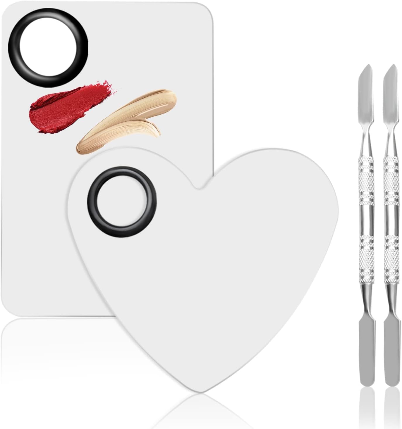 4 in 2 Set Makeup Mixing Palettes, 2 Pcs Stainless Steel Nail Art Palette with 2 Makeup Spatula for Foundation Makeup Tools Eyeshadow Nail Art (4 in 2 Silver Heart Rectangular)