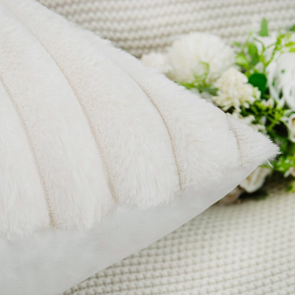 MADIZZ Set of 2 Faux Wool Plush Decorative Throw Pillow Covers 12x20 Inch Cream Fluffy Striped Soft Decorative Cushion Cover for Sofa Bedroom Pillow Shell