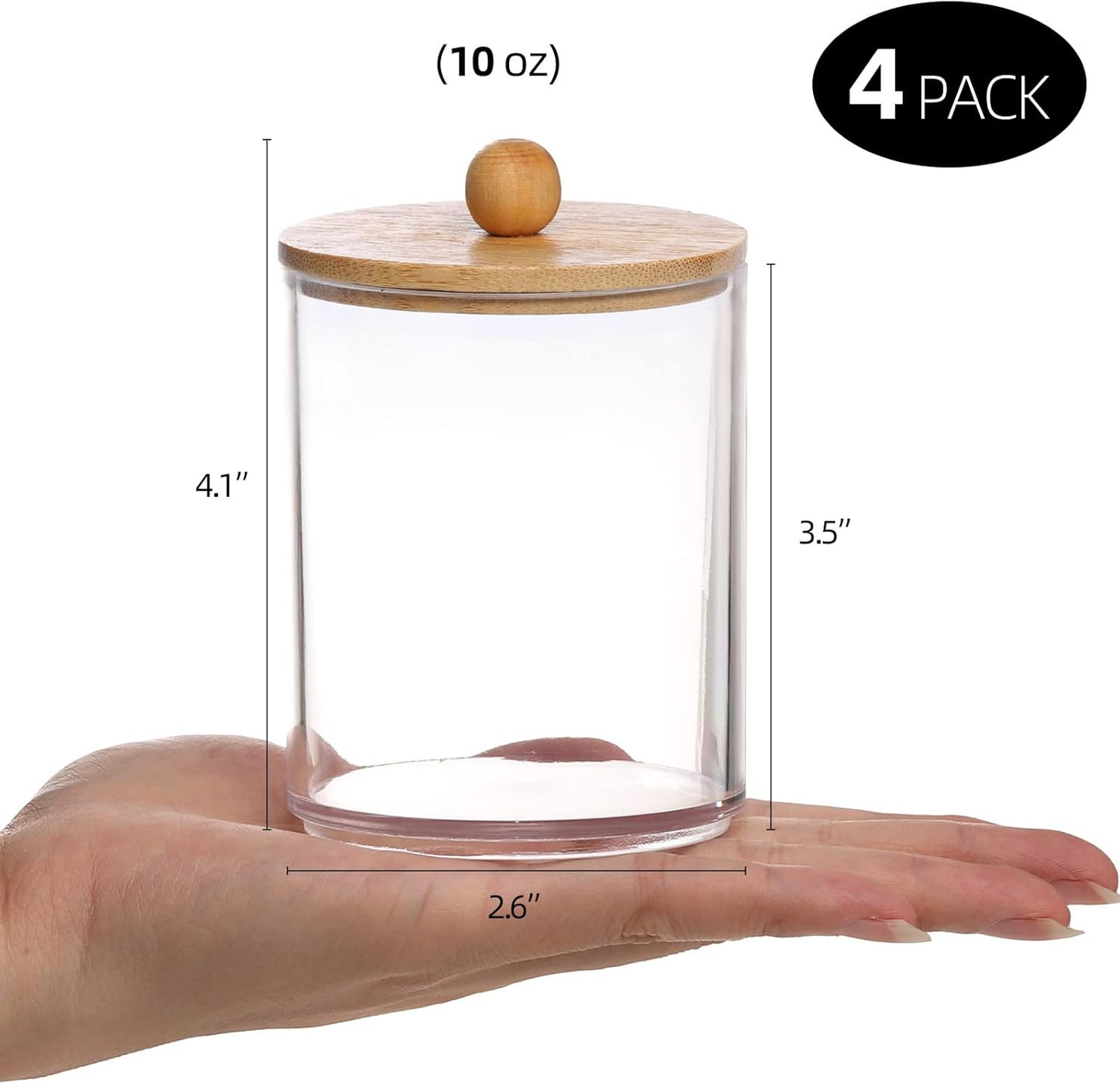 Tbestmax 4 Pack Qtip Holder, 10-Ounce Bathroom Organizer Accessories Storage Containers Clear Plastic Apothecary Jars with Bamboo Lids for Cotton Ball, Cotton Swab, Floss