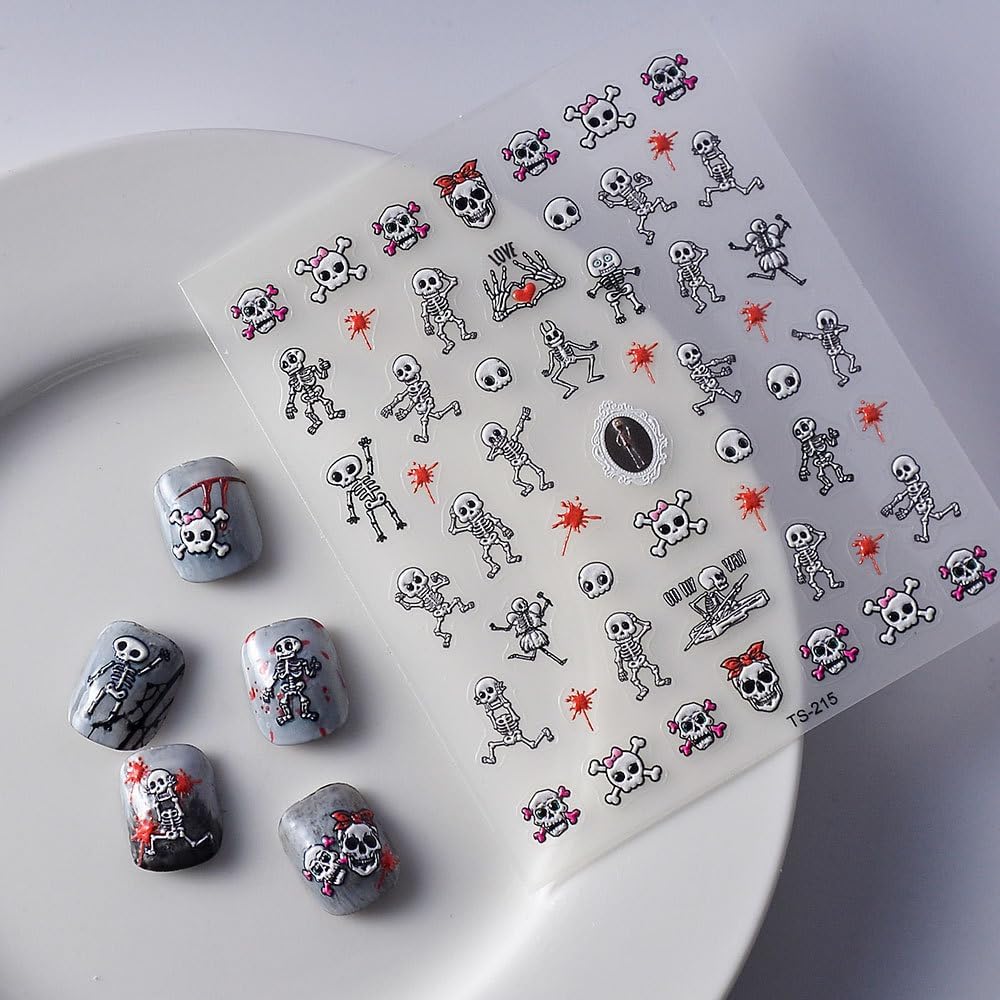 Halloween Nail Art Stickers 5D Embossed Skull Blood Skeleton Nail Stickers, Self-Adhesive Durable Nail Art Decals for Women Girls, Nail Wraps Decoration Manicure for DIY Acrylic Nail Accessories