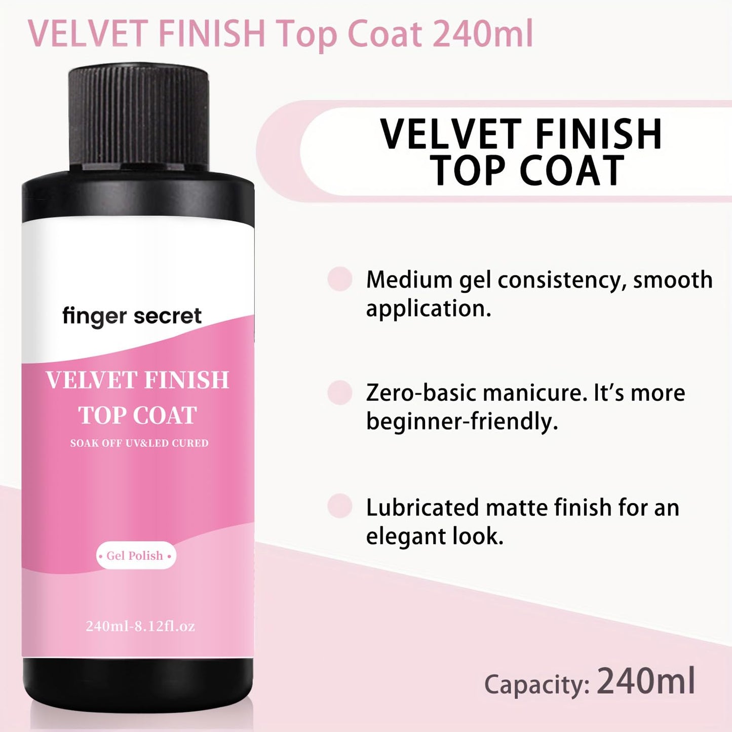 240ml/8.12floz Velvet Finish Matte Top Coat for Gel Nail Polish,Fashion Matte Nail Polish,Nail Supplies for DIY in Salon or Home Use.