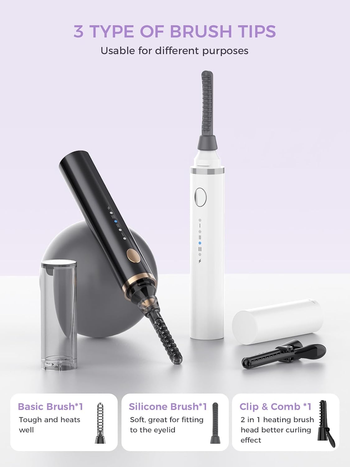 Smiling Shark Heated Eyelash Curler, 2025 New 360°Wand-Style Heated Lash Brush Rechargeable with 3 Brush Heads & 3 Temp 【Lengthen/Define/Curler】 3-in-1 Lash Curler for All Types of Lashes, White