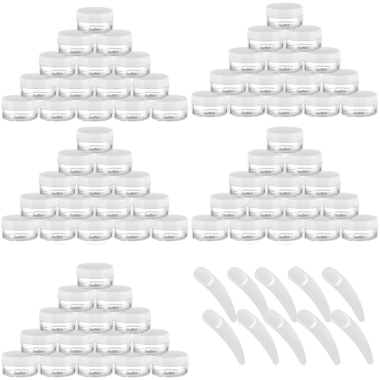 Refillable Cosmetic Sample Jars - 100 Pack 10g (0.35oz) White Small Travel Containers with Lids + 10 Mini Makeup Spatulas - BPA Free
