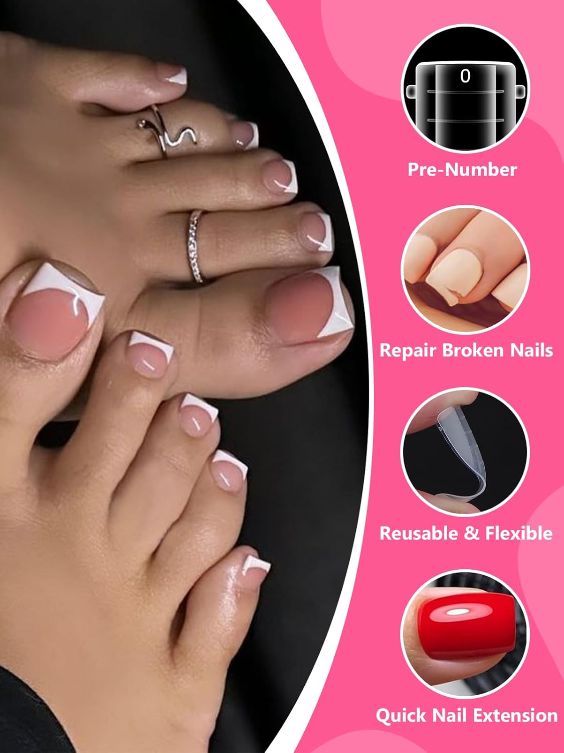 TOROKOM Poly Gel Toe Nail Form Set, Reusable Toenails Dual Forms for Nail Extensions, Poly Gel Toe Nail Tips with Dual-Ended Brush and Nail File, 5PCS Clips - 12 Sizes 120PCS