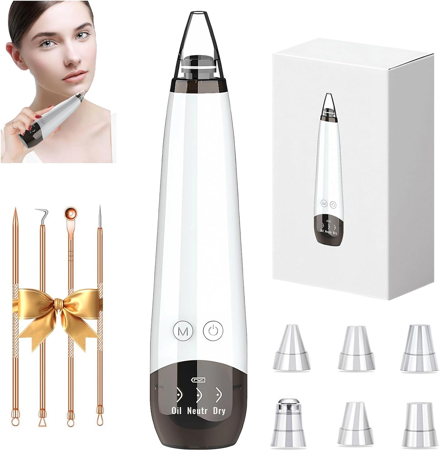 Pore Vacuum, USB Rechargeable Blackhead Remover Vacuum,3 Levels Adjustable Pore Vacuum Blackhead Remover, with 6 Suction Power Probe,4 Golden Needle,Face Vacuum Pore Cleanser for Women & Men-White