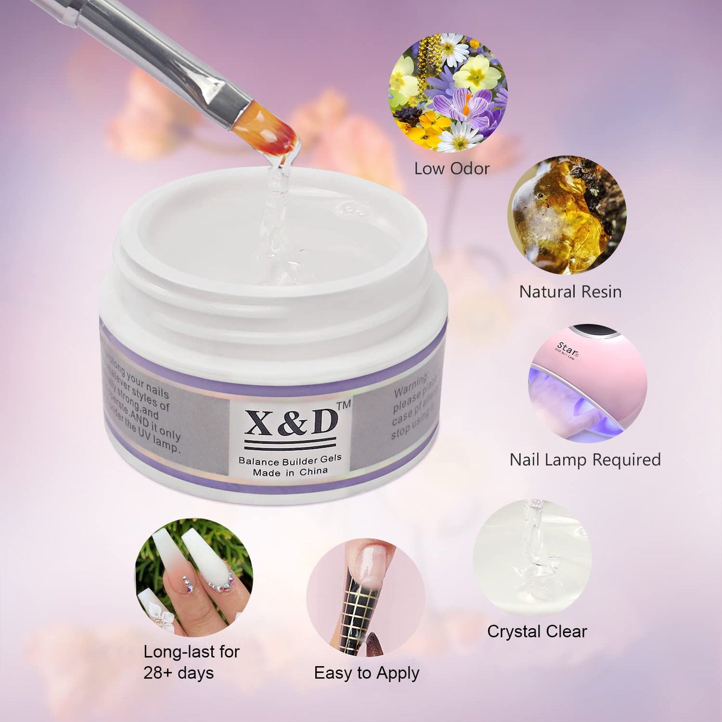 X&D Gel Nail Polish Kit Polygel Quick Dry Natural Clear 5 Colors Nail Extension with Dual Forms, Brush, File Set